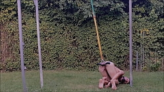 naked slave pig exposed outdoor party, handcuffed, testicles in humbler, BDSM CBT Thumb